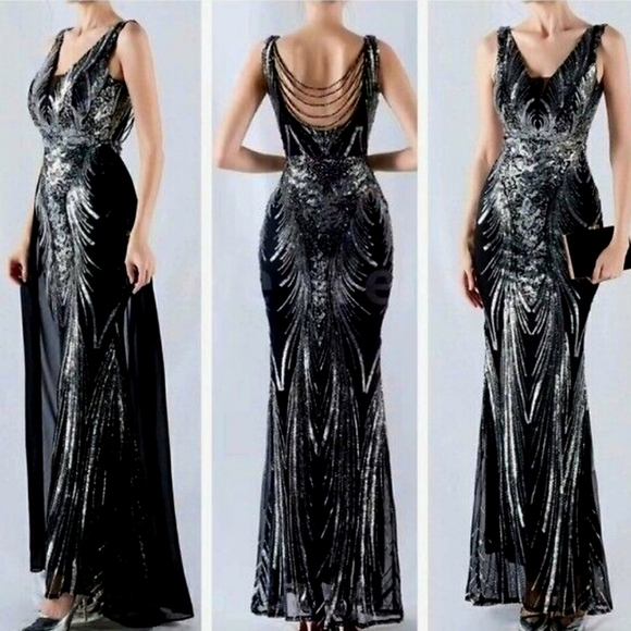 Black, Draped Skirt, Beaded Back,  V Neck,  Sleeveless, Sequined Mermaid… - Picture 1 of 16